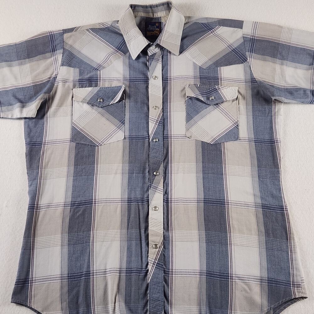 Rock Canyon Boys 16 Short Sleeve Blue Gray Plaid Shirt with Pearl Snaps